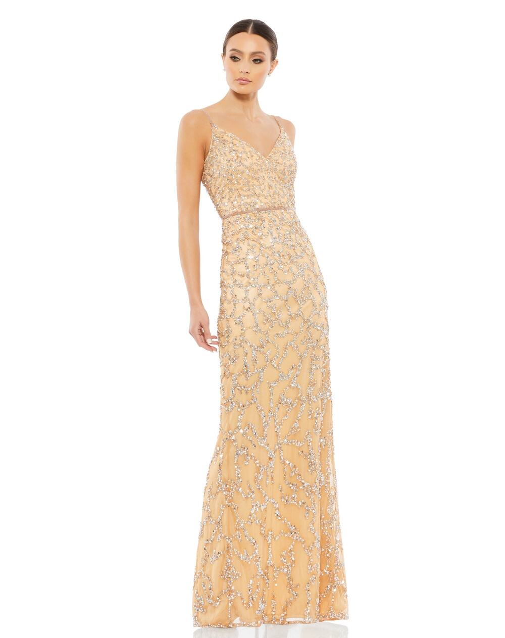 Mac Duggal 5481 Nude Beaded Sleeveless V-Neck Fitted Evening Full Length Dress 8